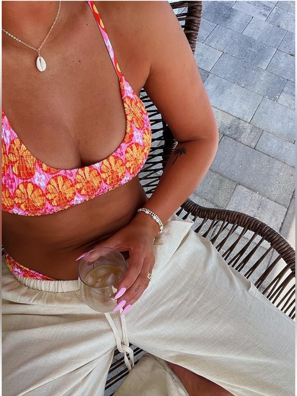 VOLAFA Pink and Orange Floral Smocked Textured Scoop Print Ruched Bikini Set